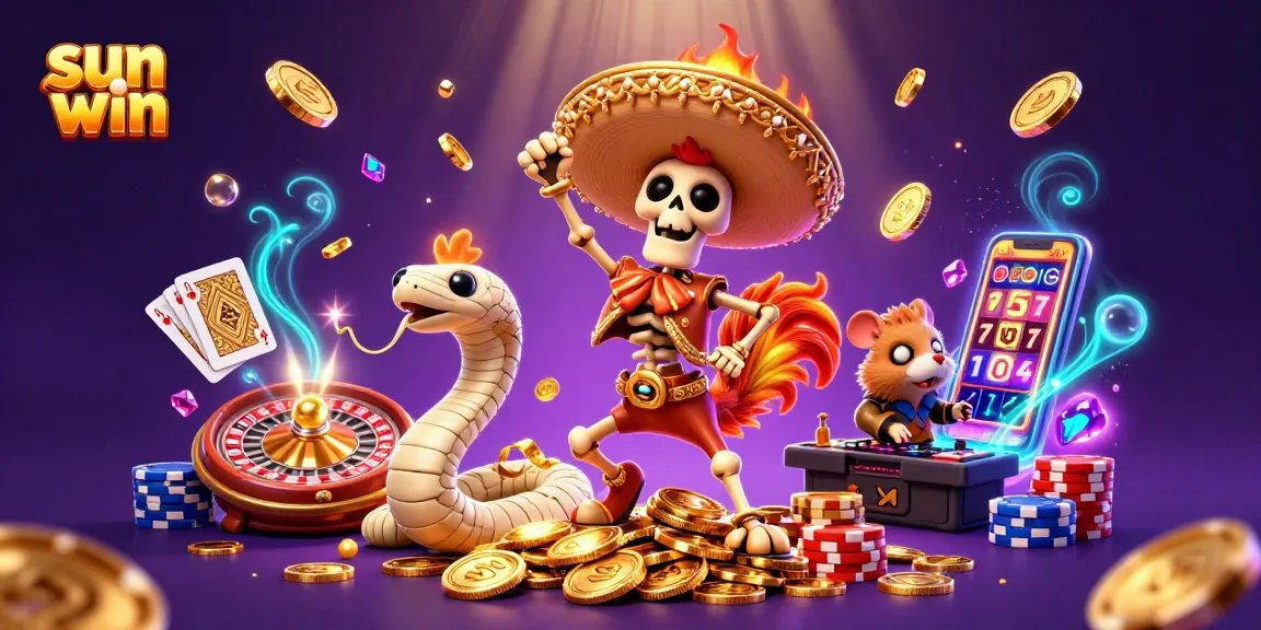 Win big at sun win with lively 3D casino characters celebrating among golden coins.