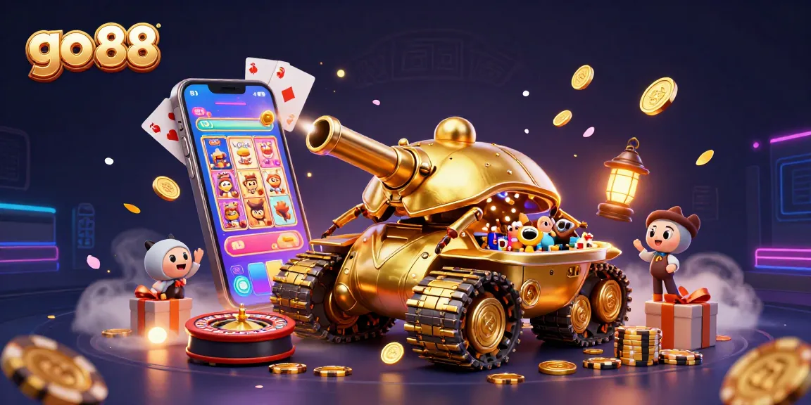 Experience the excitement at go 88 with a dynamic 3D casino scene showcasing vivid slot games and golden coins.