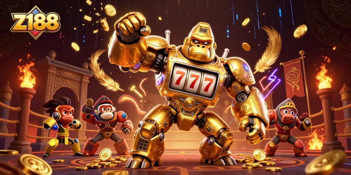 Experience electrifying wins with z188 as the golden gorilla mech triumphs in a vibrant casino scene.