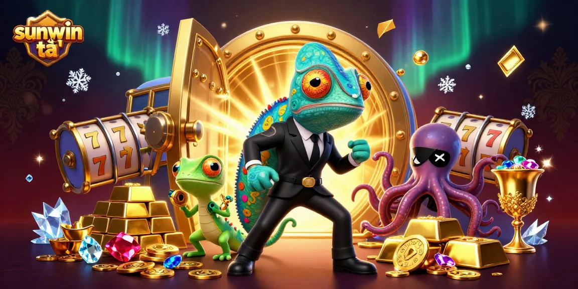 Engage in sunwin tải gaming with an action-packed 3D casino illustration featuring cartoon characters and slot reels.