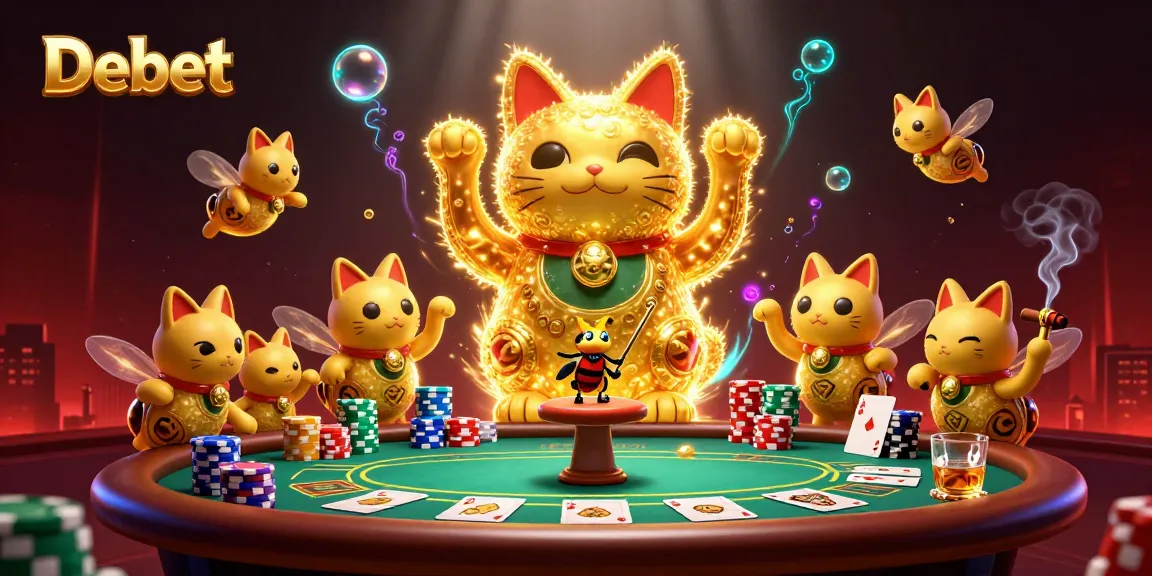 Engage in the thrill of Debet with golden fireflies and casino symbols in an action-packed illustration.