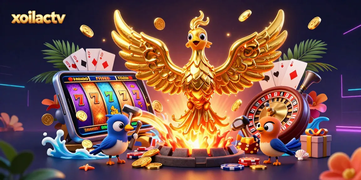 Xoilactv showcases a vibrant casino scene with a molten metal phoenix, spinning slot reels, and golden coins.