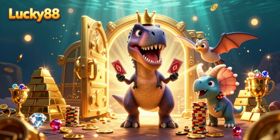 Experience Lucky88 with a vibrant 3D illustration of a T-Rex and casino elements in action.