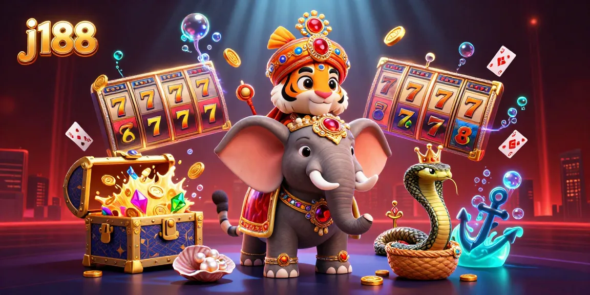 Experience excitement at j188 with a vibrant 3D illustration of slots and jackpot treasures.