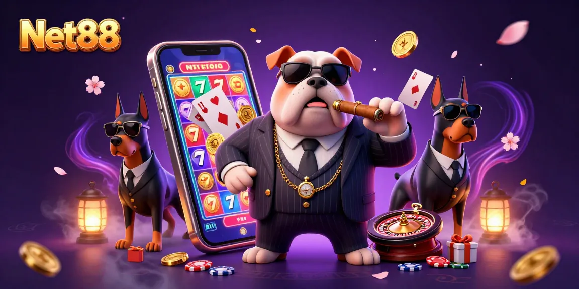 Experience engaging action with Net88 as a mafia boss bulldog and bodyguard Dobermans explore a vibrant casino world.