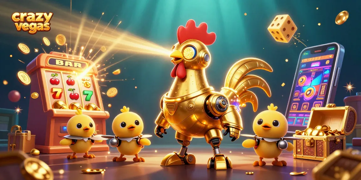 Experience exciting jackpots at crazyvegas with a vibrant scene of a golden rooster robot and baby chick drones.