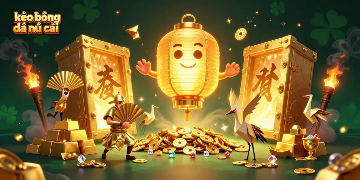 Betting with kèo bóng đá nhà cái visuals, featuring golden lantern spirit, sports elements, and ornate treasures.