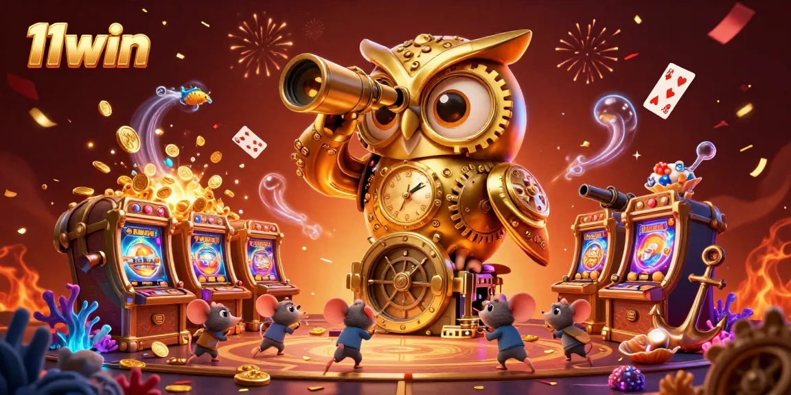 Engage with 11win's vivid casino atmosphere featuring a cartoon clockwork owl and lively gaming elements.