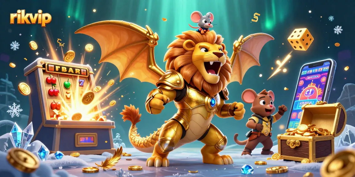 Engage in thrilling gameplay at rikvip with a chimera and mouse jockey, amidst exploding slot machines.