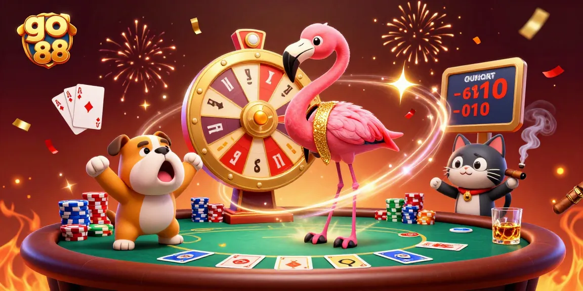 Spin the giant prize wheel on go 88 with a 3D flamingo host and excited bulldog contestant.