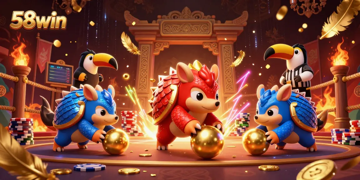 Engage with the 58win experience, featuring pangolins competing in a vibrant casino game arena.