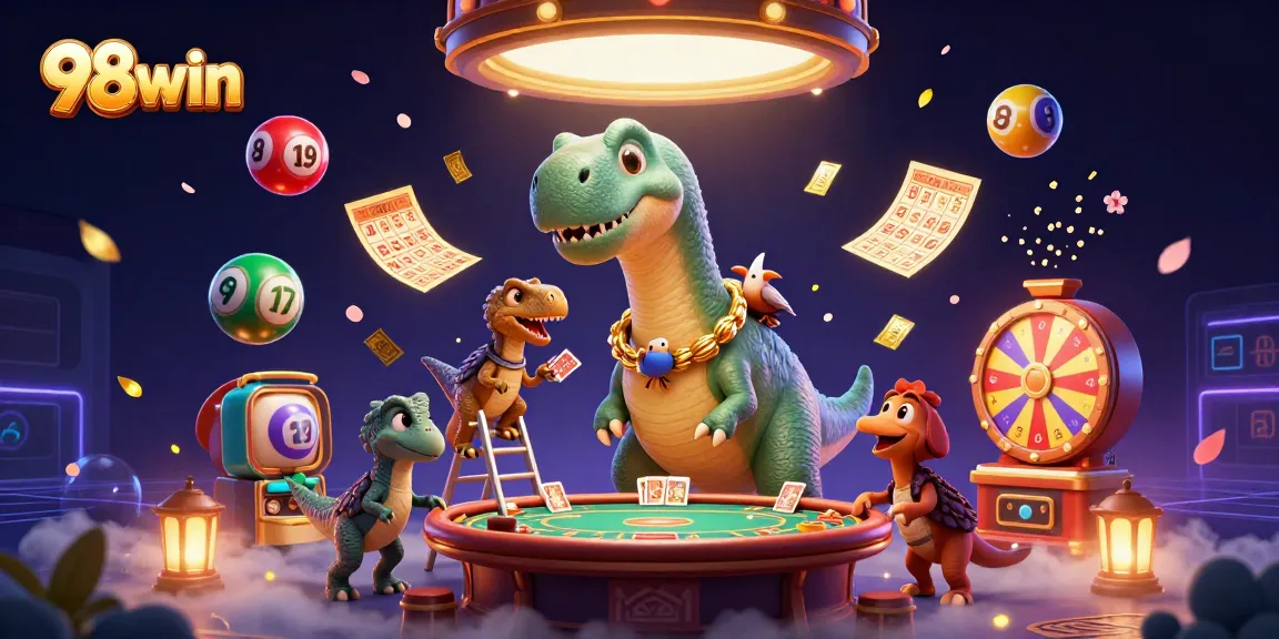Experience thrilling gaming at 98win with colorful lottery elements and vibrant characters.