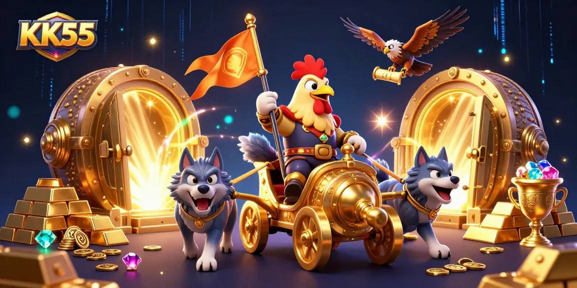 Engage with KK55's thrilling casino experience featuring vibrant treasure elements and dynamic characters.