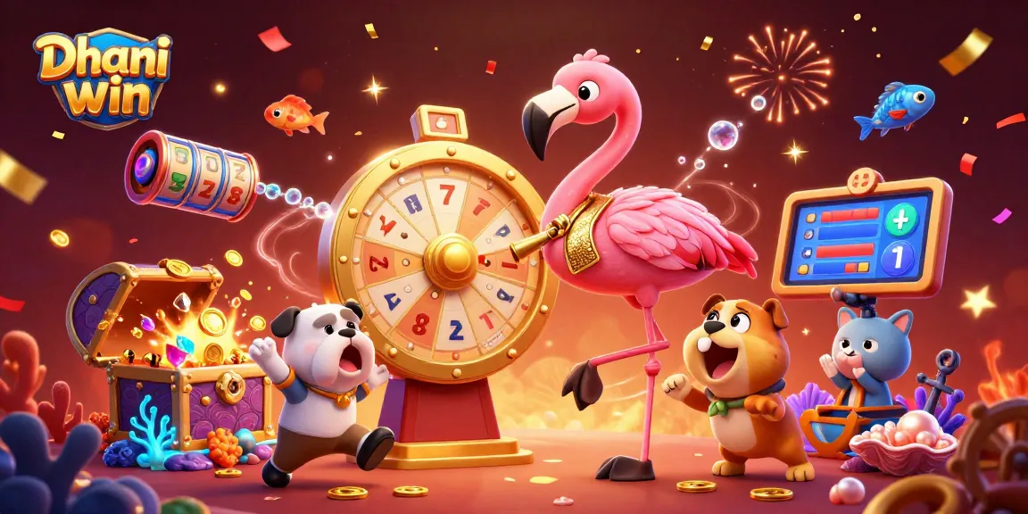 Dhani win offers exciting gaming action with vibrant illustrations of a winning atmosphere, featuring animals at a colorful prize wheel.
