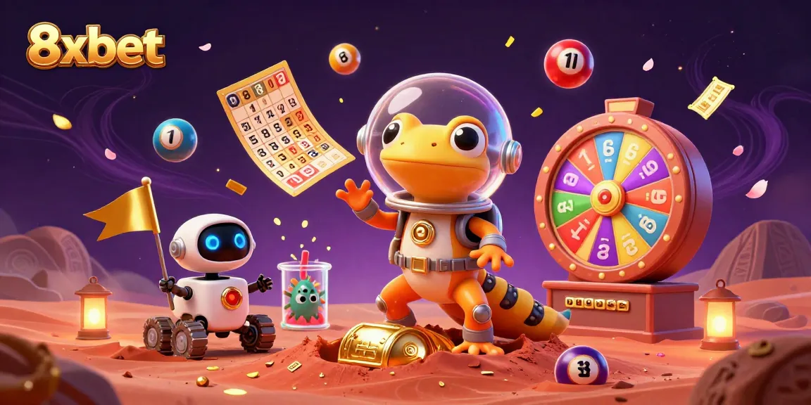 Immerse in vibrant 8xbet Martian casino scene with lottery excitement, gold treasures, and alien fun.