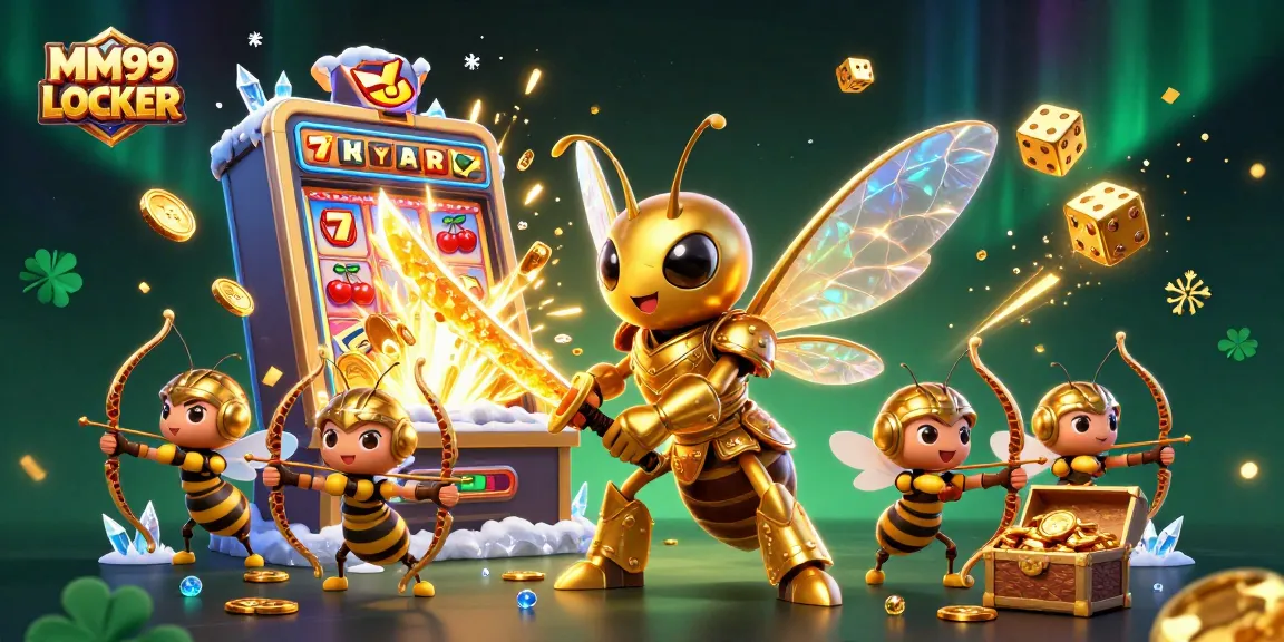 Experience the thrill of MM99 LOCKER with a dynamic 3D illustration of a gold hornet samurai and casino elements!