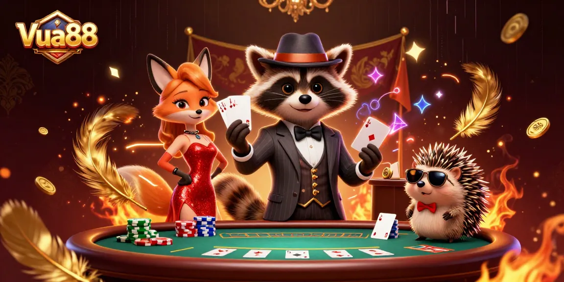 Experience Vua88 with a suave raccoon and vibrant fox in a dynamic poker scene filled with excitement.