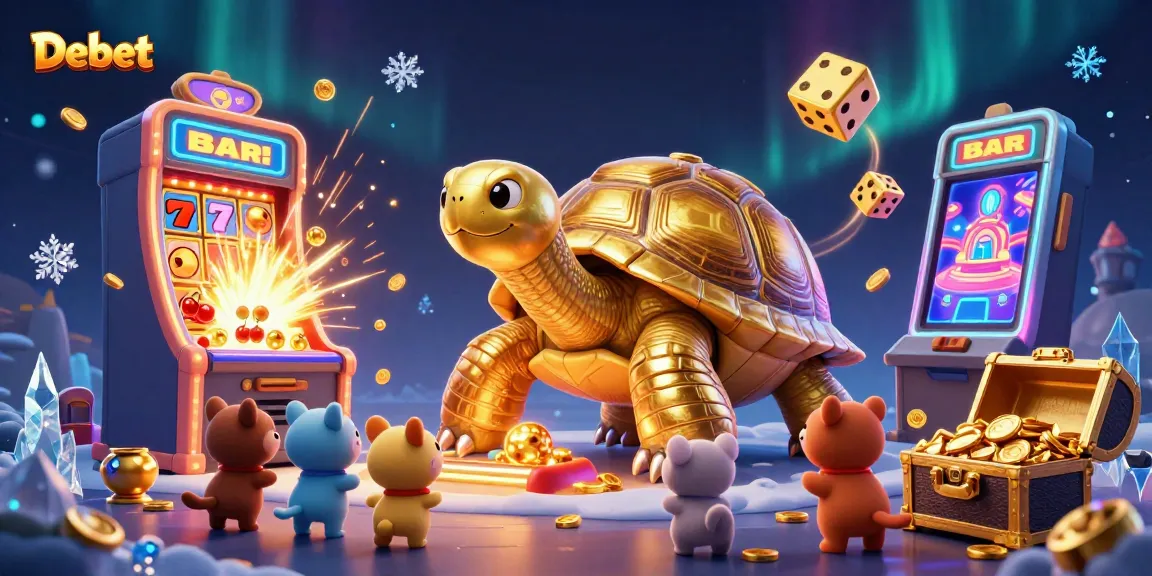 Engage with Debet's lively casino scene featuring a golden tortoise, slot machine, and vibrant game elements.