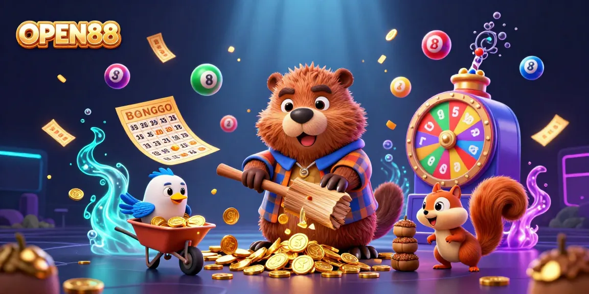 Experience gaming excitement with OPEN88, featuring lucky characters and golden prizes raining down.