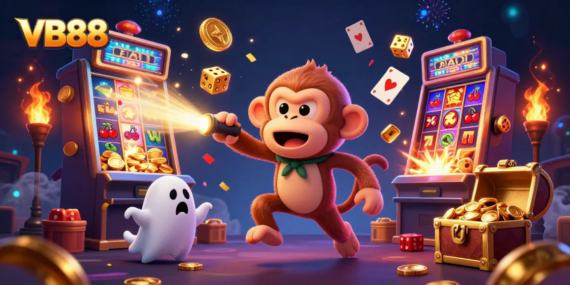 Engage with VB88 an exciting scene of a playful monkey and ghost-hunter puppy amidst a bustling casino.