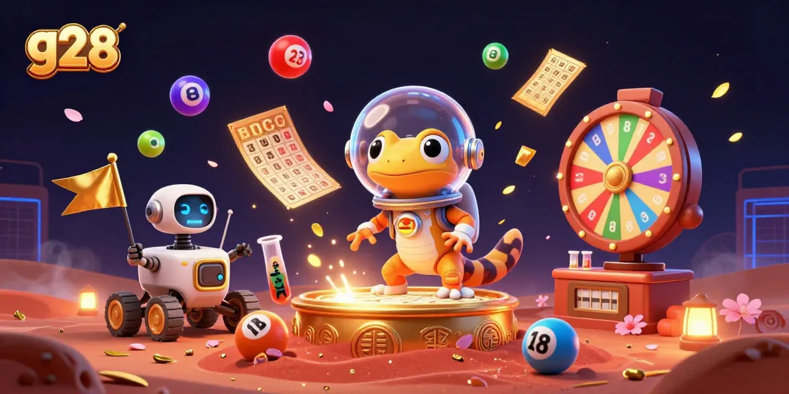 g28 Martian gecko explores a golden casino with colorful lottery elements in a vibrant 3D scene