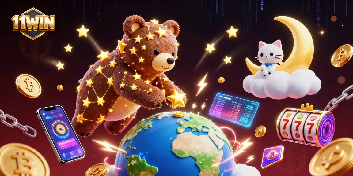 Spin the reels with 11WIN in this vibrant 3D casino scene featuring dazzling characters and crypto elements.