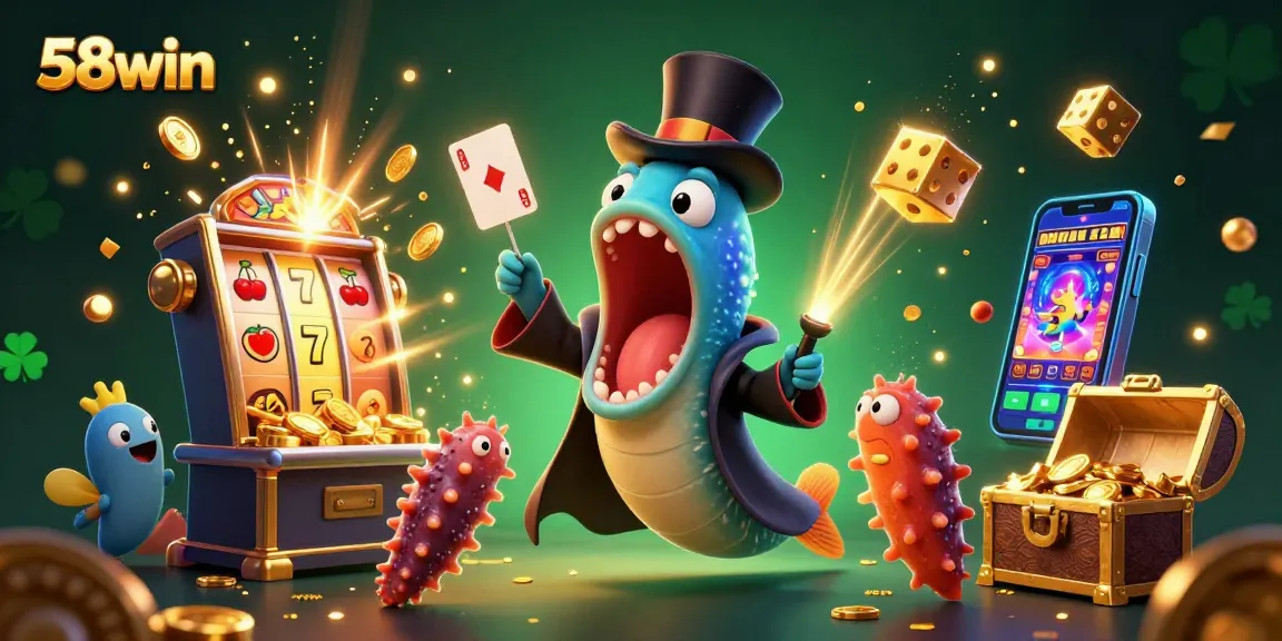 Engage in thrilling jackpot fun at 58win with a dynamic casino illustration showcasing vibrant games and characters.