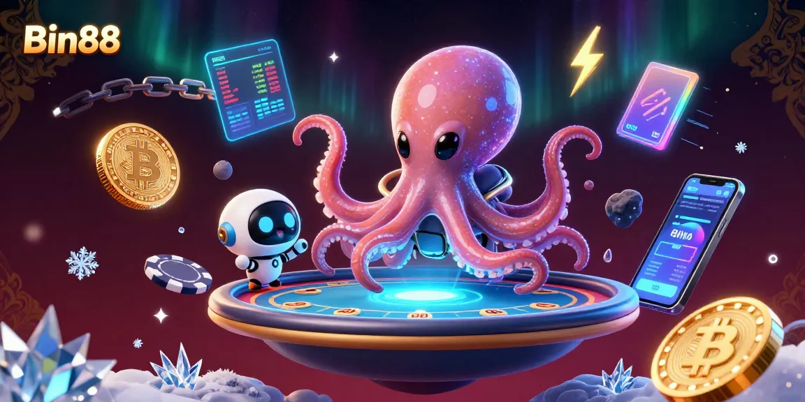 Engage with Bin88's exciting holographic poker experience, featuring an alien octopus and vibrant crypto elements.
