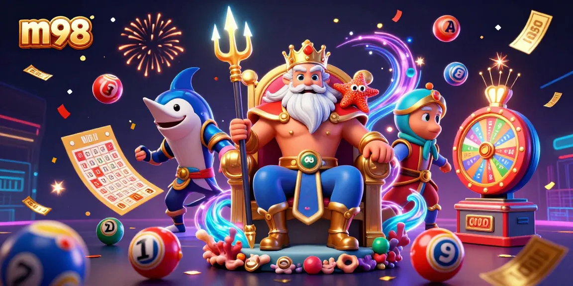 Experience exciting m98 gaming with Neptune and his samurai bodyguard amidst vibrant casino elements.