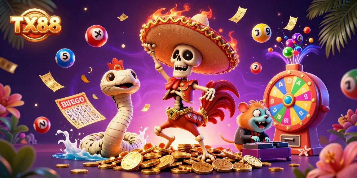 Experience the excitement of TX88 with a vibrant lottery scene featuring colorful balls, golden tickets, and animated characters.