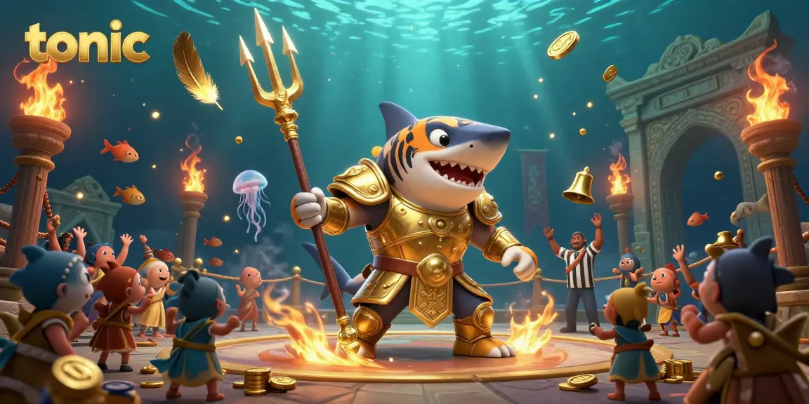 Experience thrilling bets at the Tonic underwater casino featuring a gladiator shark and joyful fish crowd.