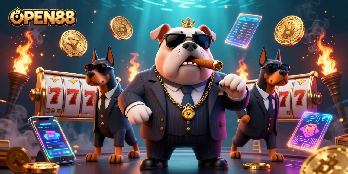 Experience thrilling slots and crypto gaming with OPEN88's vibrant illustration featuring a mafia bulldog and bodyguard Dobermans.