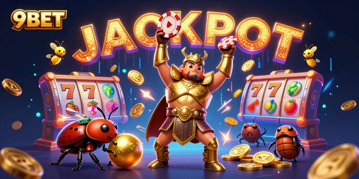 9BET showcases a winning moment with a beetle hero celebrating, vibrant slot reels and gold coins illustrating the thrill of gaming.