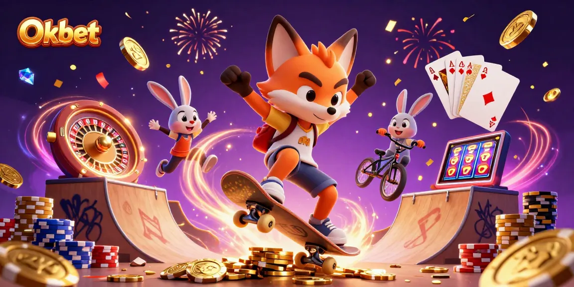 Engage with Oxbet's thrilling adventures featuring a skateboarder fox and BMX rabbit amidst casino excitement.