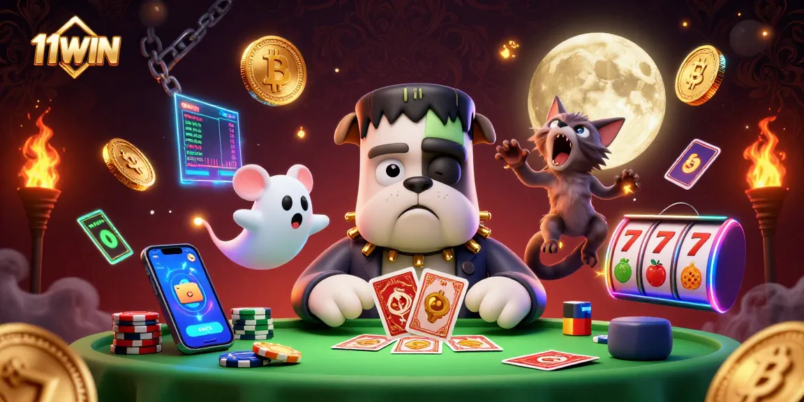 Engage with the dynamic 11WIN casino scene showcasing vibrant characters and iconic gambling elements.