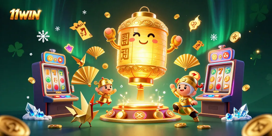 Experience the excitement of 11WIN with a vibrant, dynamic casino scene featuring lucky symbols and game elements.