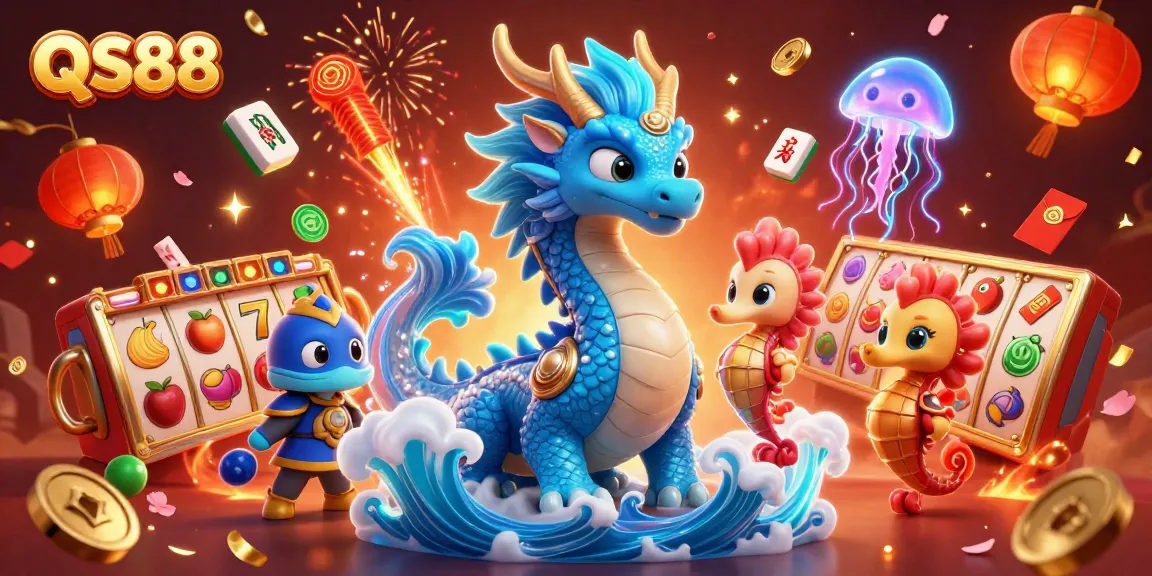 Experience the excitement of QS88 with a vibrant 3D casino illustration featuring a majestic water dragon.