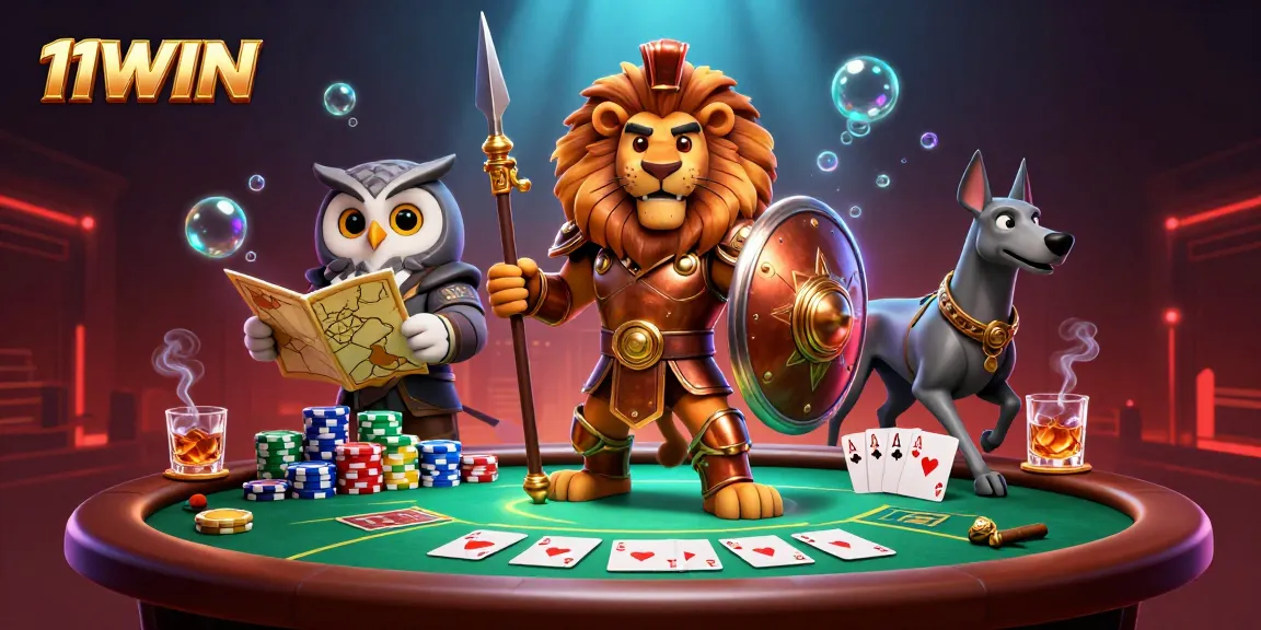Experience thrilling poker action with 11WIN's 3D Spartan lion and friends strategizing in a vibrant scene.