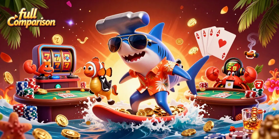 Immersive full comparison of vibrant online casino scene featuring a hammer-head shark and clownfish.