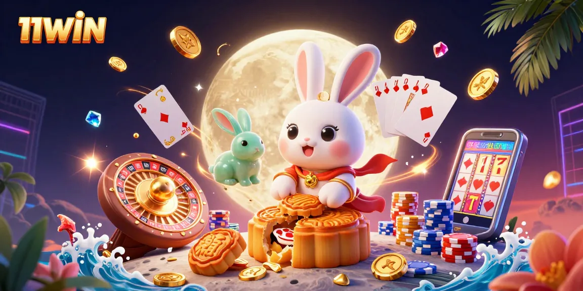 Experience the thrill of 11WIN with a playful scene featuring a moon rabbit and vibrant casino elements.
