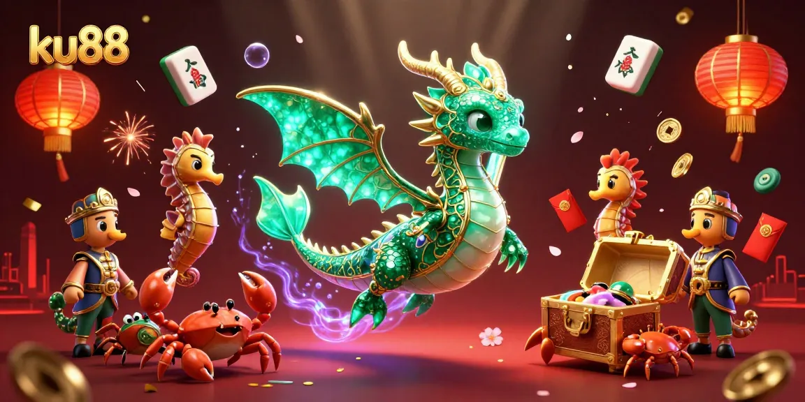 ku88 offers an engaging scene with a sea dragon, fireworks, and vibrant casino elements.