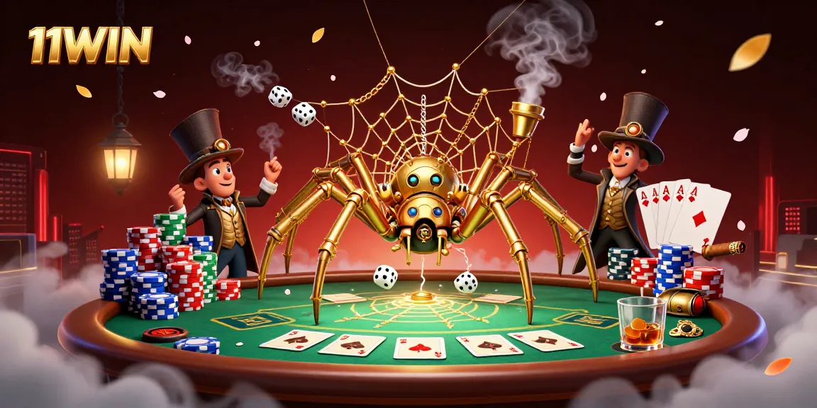 Engage with thrilling casino adventures at 11WIN featuring a lively steampunk spider and poker elements.