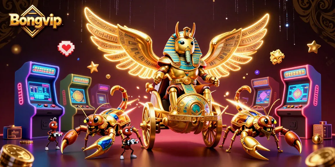 Bongvip offers thrilling gaming experiences with a golden scarab beetle and scorpion chariot in a vibrant casino scene.