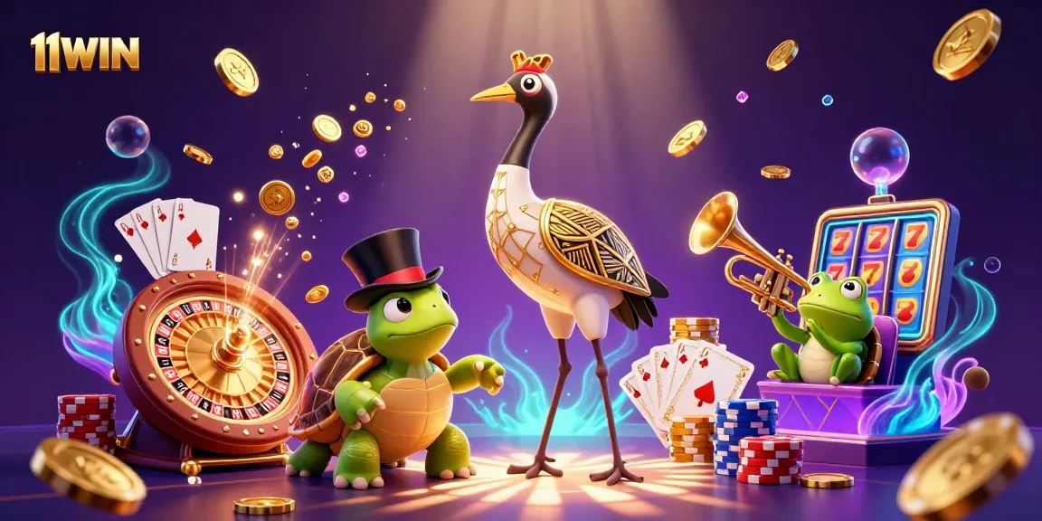 Experience the excitement of 11WIN with a vibrant 3D casino scene filled with dynamic game elements.