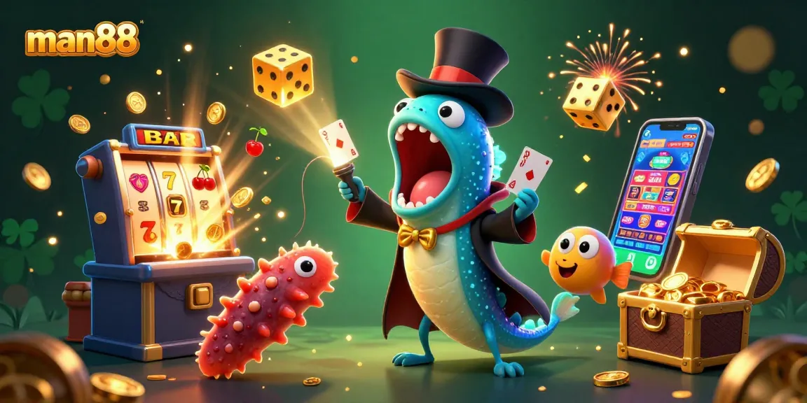 Experience thrilling wins with man88 in a vibrant, colorful casino adventure illustration.