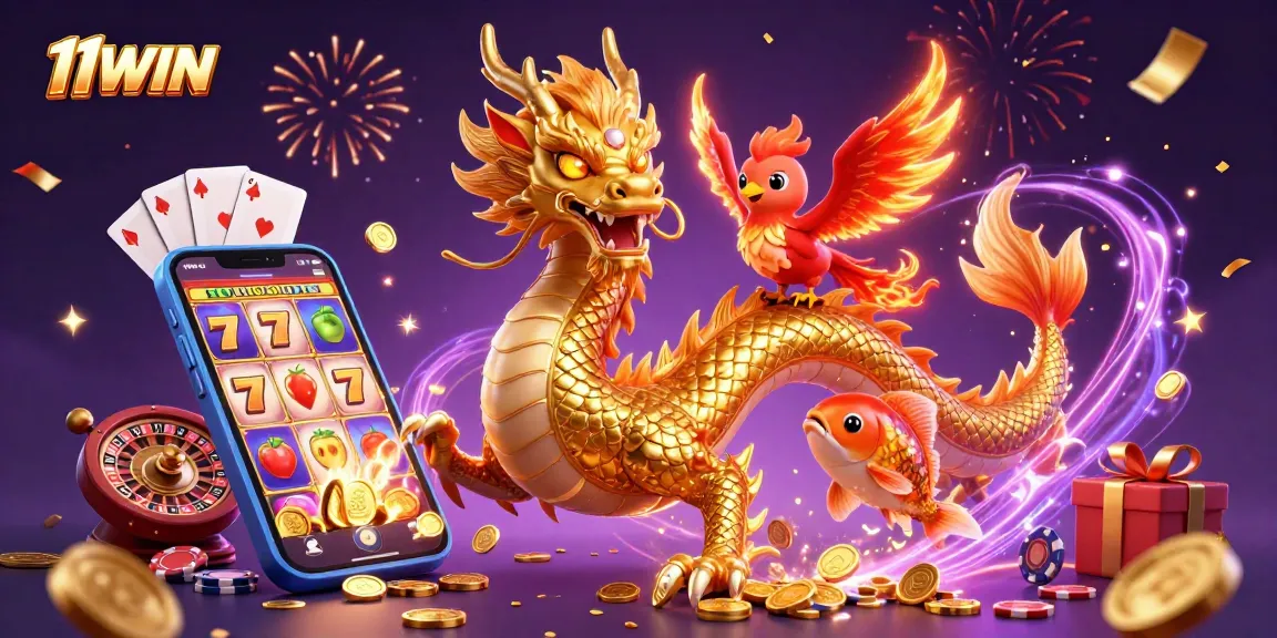 Engage with thrilling games on 11WIN: a vibrant 3D dragon and phoenix expressing excitement.
