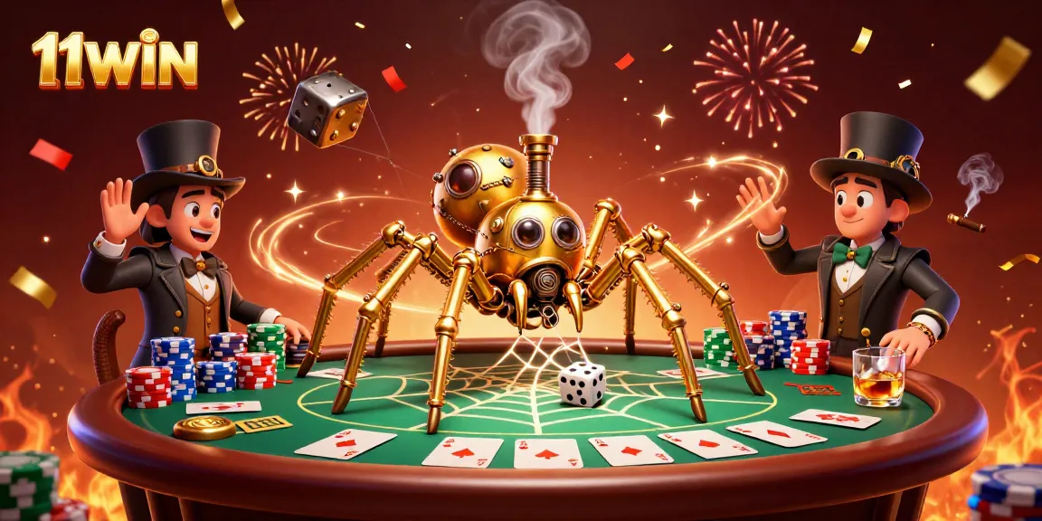 11WIN illustrates an adventurous scene of a steampunk spider and fly at a poker table.