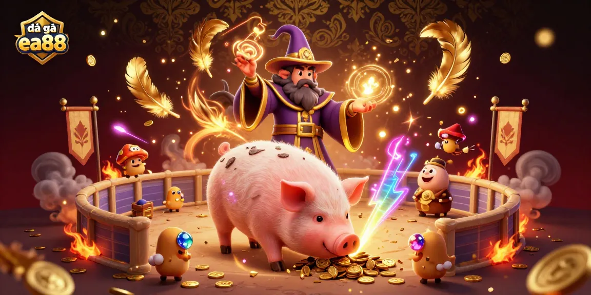 Engage with the action of đá gà ea88 in a breathtaking 3D cockfighting arena alive with golden treasures and vibrant energy.