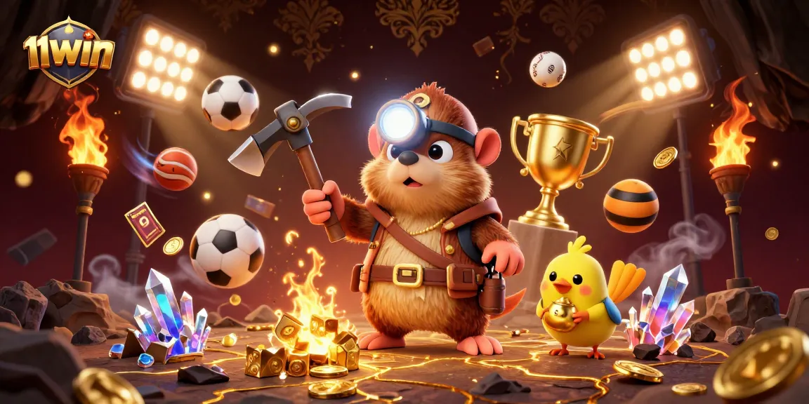 Engage with 11WIN's thrilling scene of a treasure hunter in a vibrant casino setting.