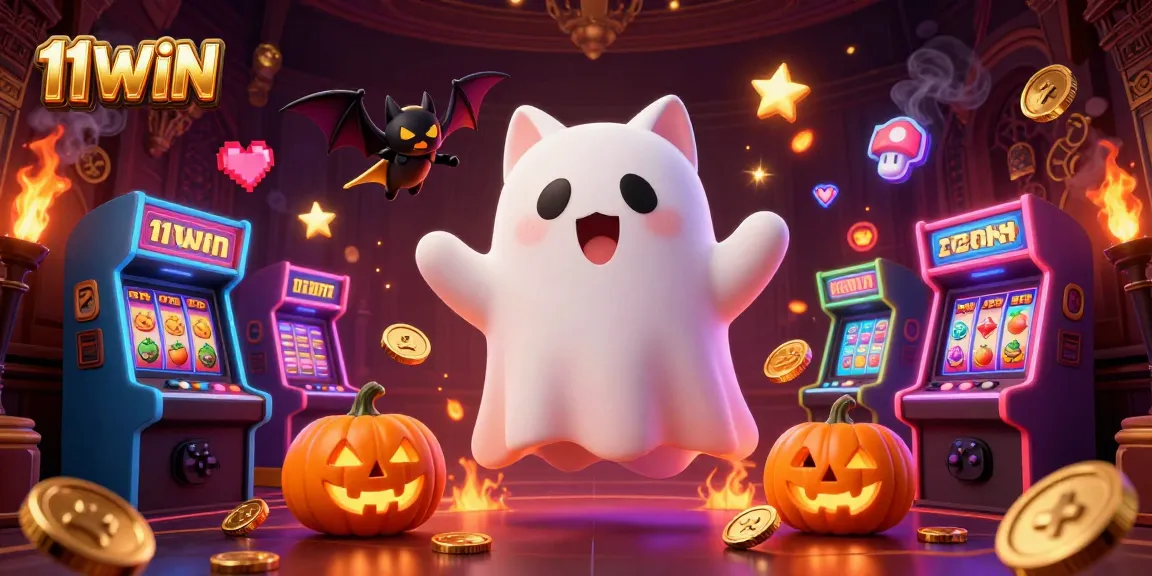 Play slots with 11WIN in a haunted casino scene filled with ghostly characters.